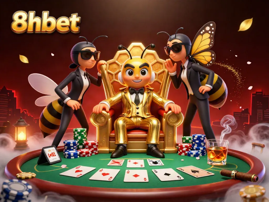 Engage with thrilling 8xbet casino action featuring a mob boss and bodyguards in a vibrant scene.