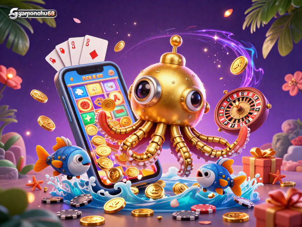 Play thrilling slots with gamenohu68 amid a colorful, vibrant casino-style scene featuring a kraken and treasure.