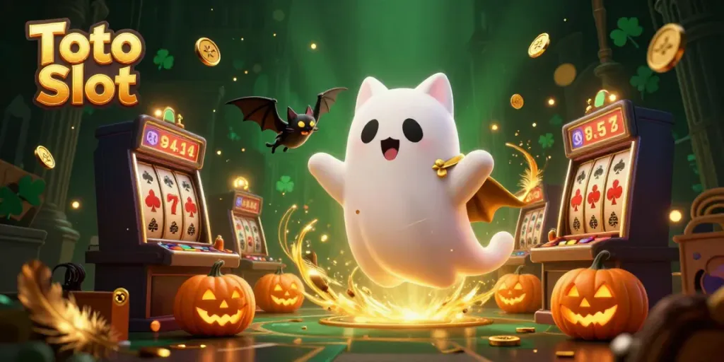 Gim slot Toto Slot menampilkan karakter kucing hantu dan kelelawar berpakaian menghadapi slot misterius.