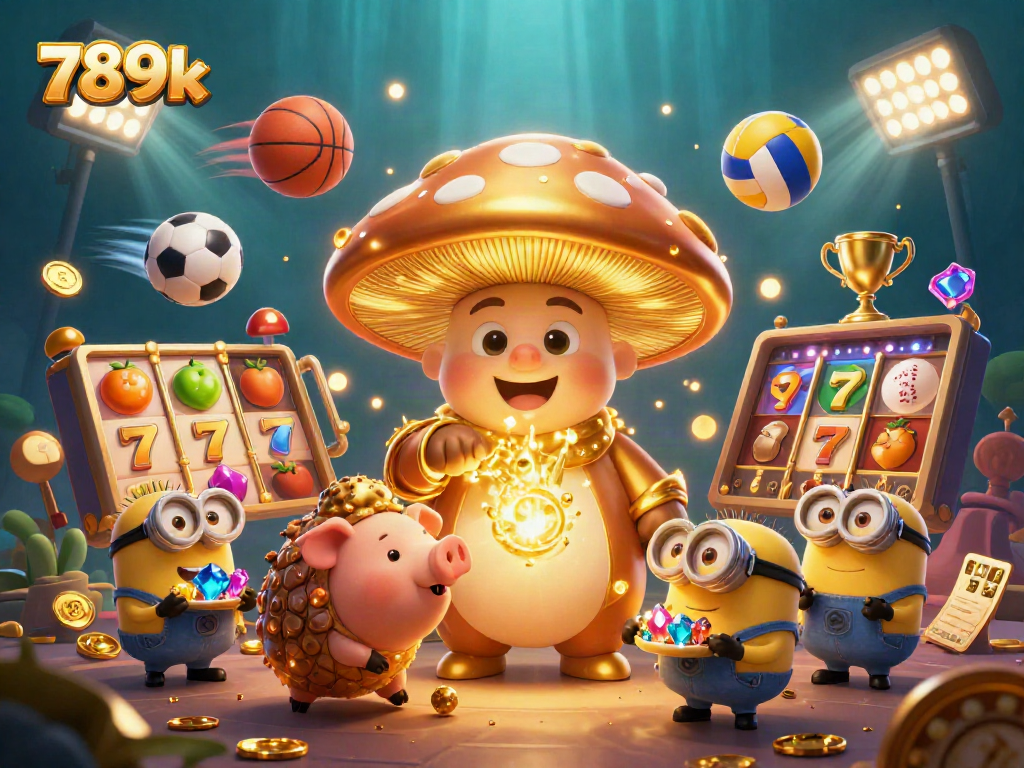 Engage with 789k's thrilling slot reels and golden wizard in a dynamic casino scene.