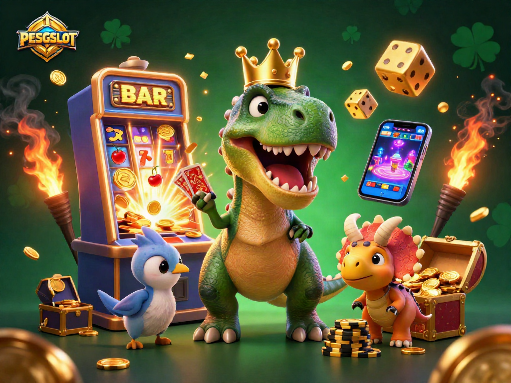 Mainkan PESGSLOT dengan dinosaur 3D lucu, mesin slot, dan chip emas dalam ilustrasi yang mengesankan.