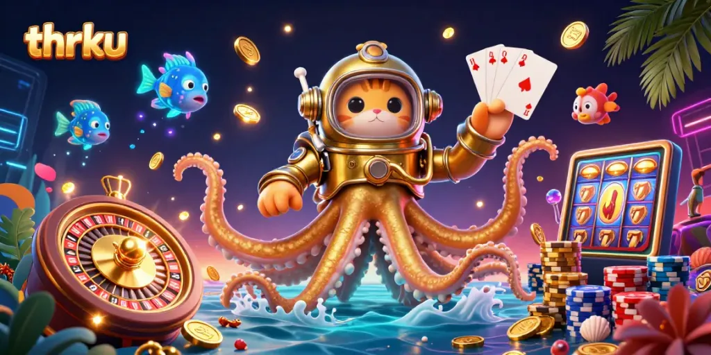 Experience thrilling gaming with thrku, featuring a kraken, diving cat, and casino elements in vibrant 3D.