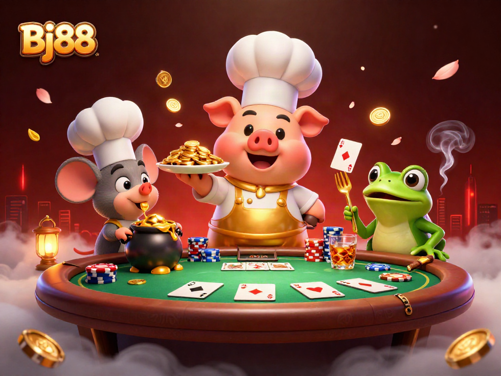 Bj88 showcases a lively casino scene featuring a chef pig serving gold coins, surrounded by poker elements.