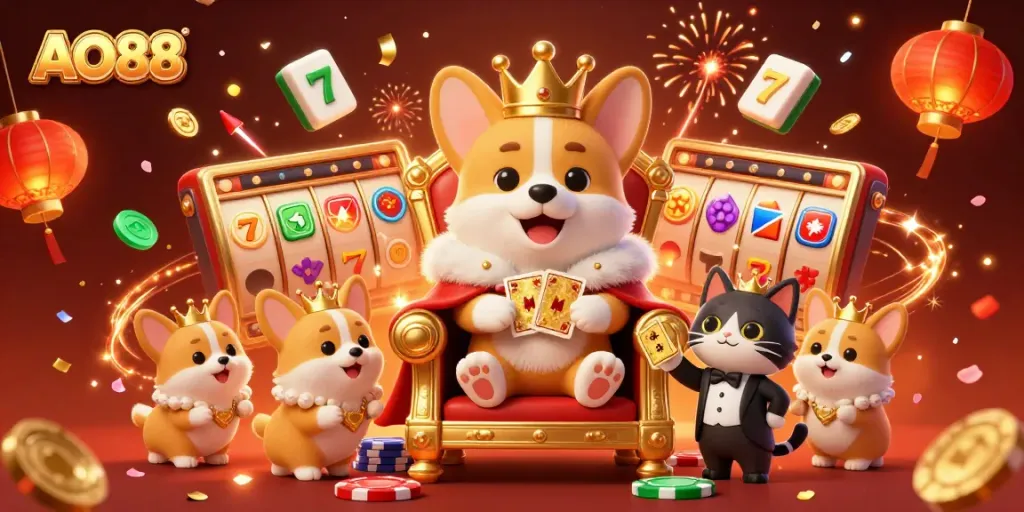 Engage with the festive atmosphere of AO88 in this vibrant 3D illustration showcasing a royal corgi and casino elements.