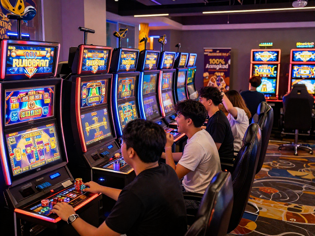Experience online gaming thrills at https://garuda55.com/ with vibrant players engaged in a high-energy casino lounge.