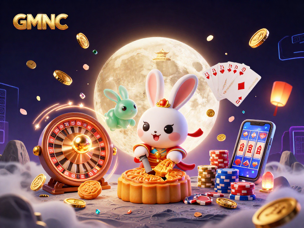 Engage with GMNC: Moon rabbit cracking mooncakes revealing poker chips amid overflowing casino elements.
