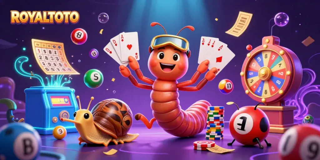 ROYALTOTO engages players with a vibrant scene of a 3D cartoon millipede dealer amidst colorful elements of a lively lottery game.