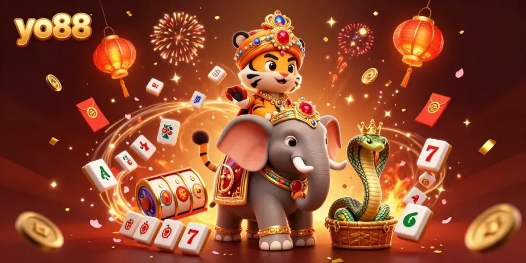 Experience premium gaming excitement at yo88 with lively elements like slot reels and golden coins.
