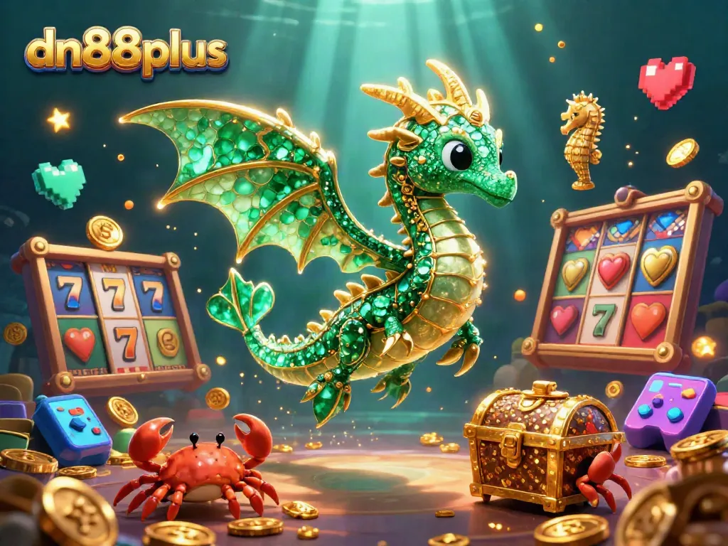 Dive into the excitement of dn88plus with a vibrant 3D scene showcasing a sea dragon among slot reels and gold coins.