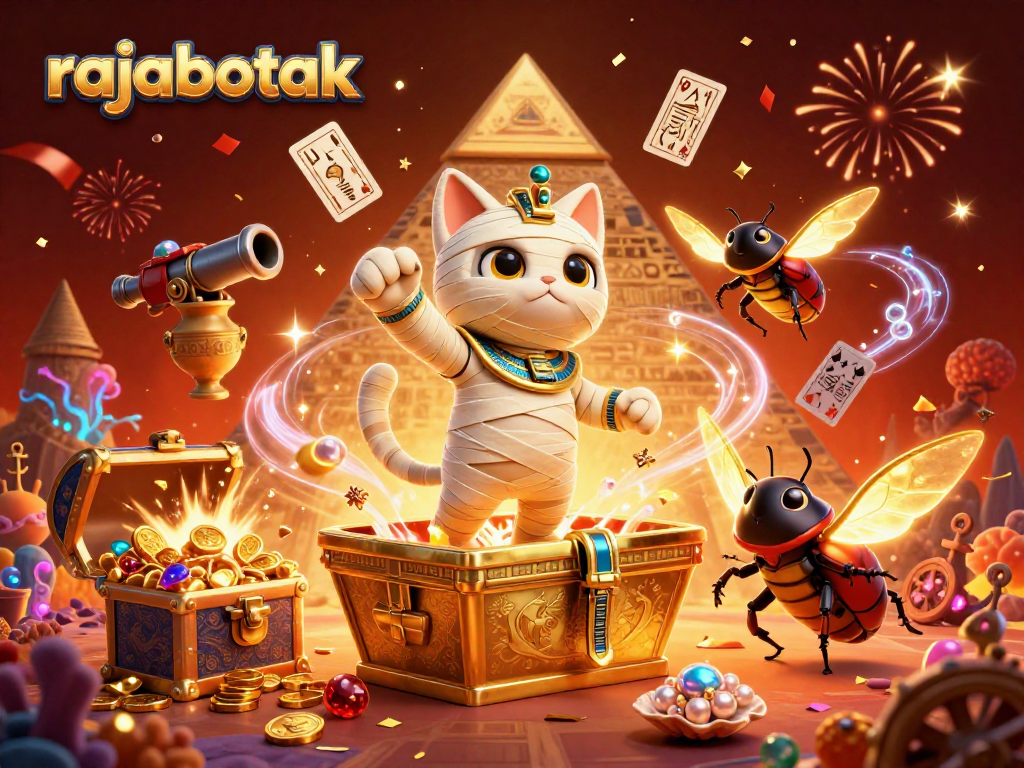 Experience the thrill of rajabotak in a vibrant pyramid casino with an animated mummy cat and treasures.