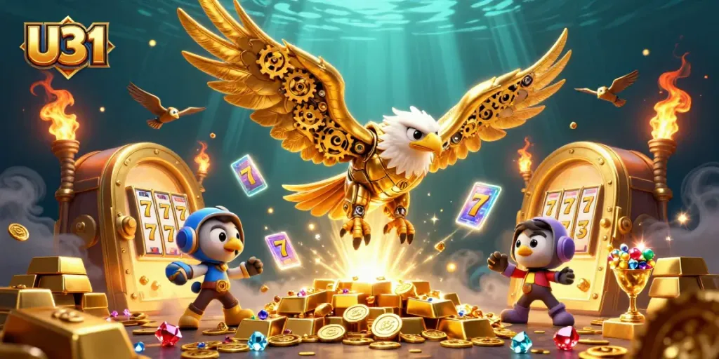 Play exciting games at U31, featuring a golden eagle and treasure elements in a rich casino scene.