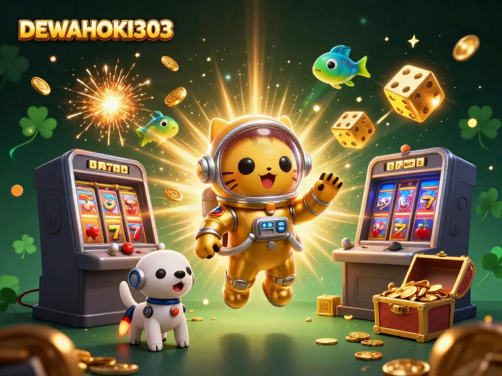 DEWAHOKI303 menghadirkan momen jackpot slot eksplosif dengan kucing astronot dan anjing robot.