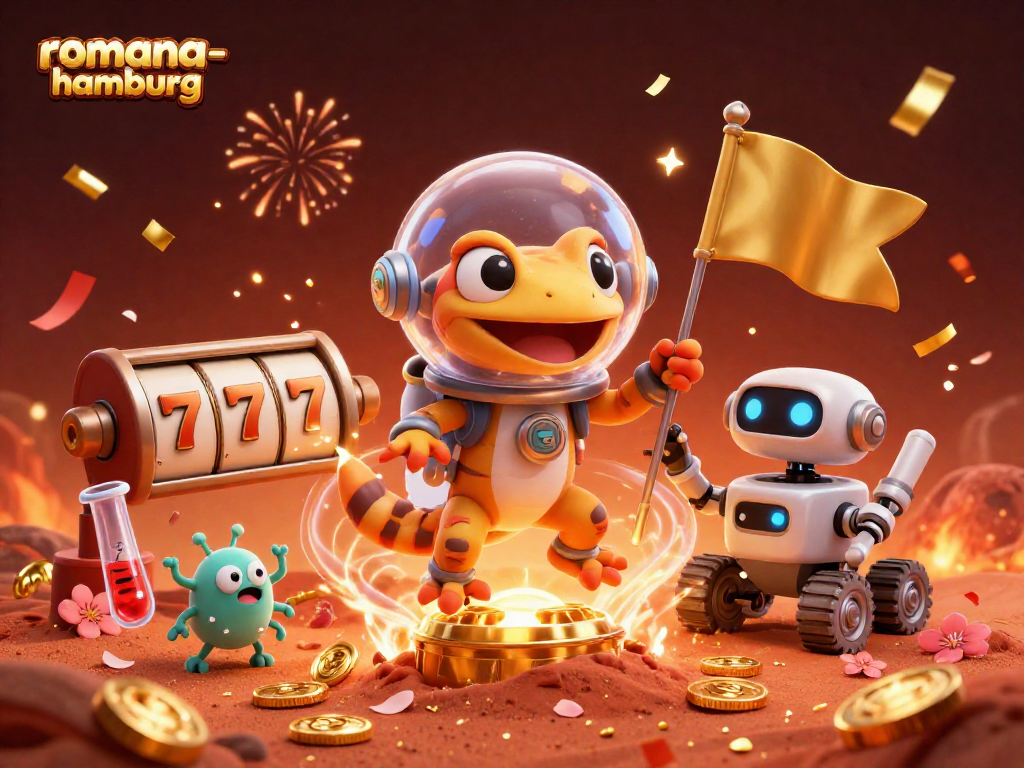 Play and win at romana-hamburg's golden casino with Martian gecko and robot in 3D illustration.