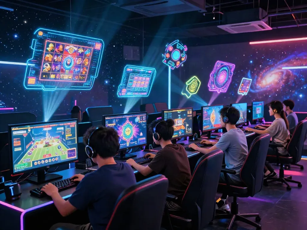 Exciting gaming scene at Luxury111 with players in a cosmic-themed environment, vibrant colors, and energetic atmosphere.