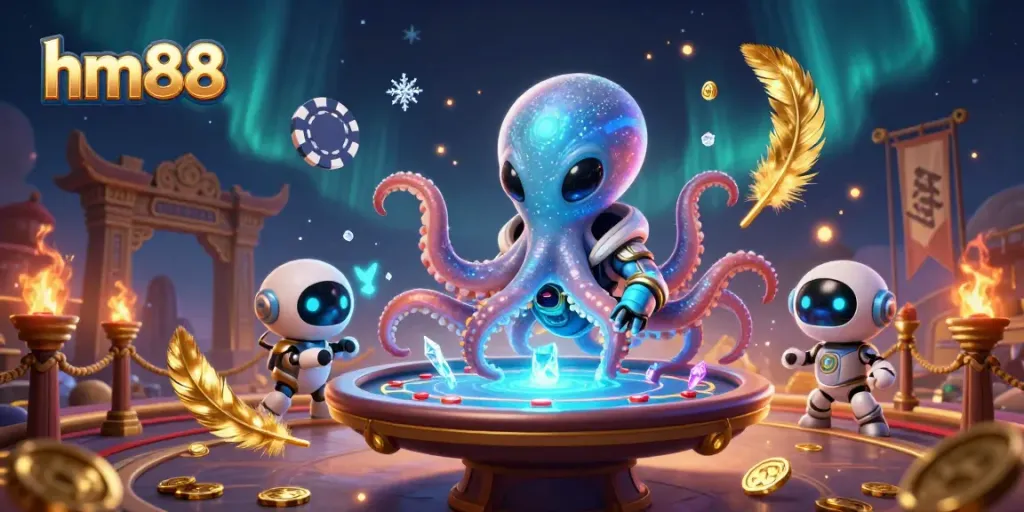 Engage in thrilling poker nights with hm88 featuring a vibrant alien octopus at a holographic table.