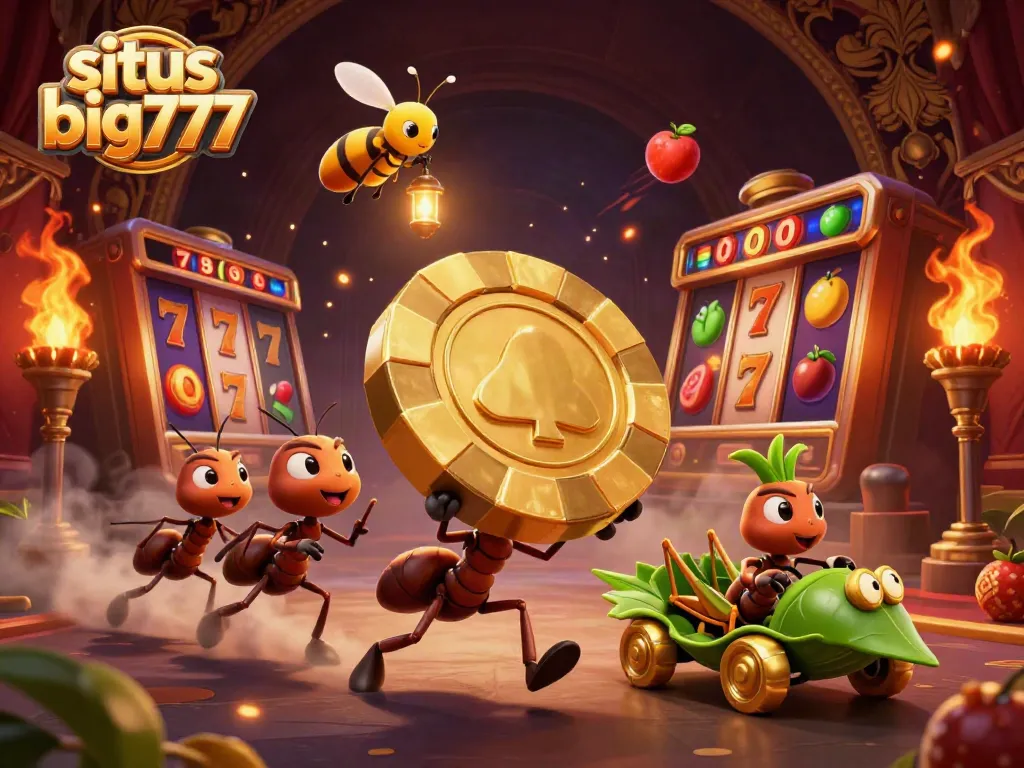 Engage with situs big777 at a heist scene featuring playful ants capturing a giant poker chip.