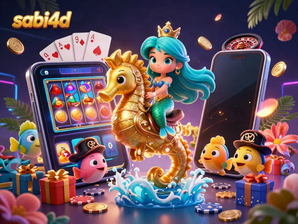 Sabi4D's captivating mermaid princess rides a majestic seahorse amidst vibrant casino-themed elements, showcasing the excitement of online gaming.