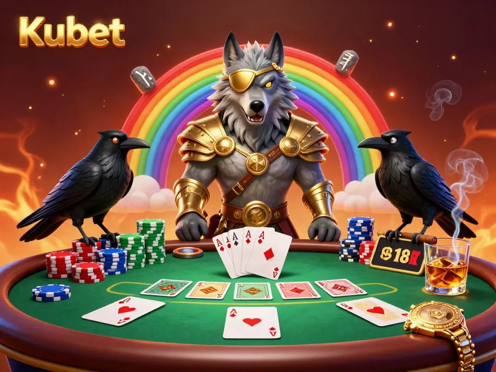 Kubet showcases a vibrant 3D illustration of a Norse wolf and ravens at a colorful casino scene filled with poker elements.