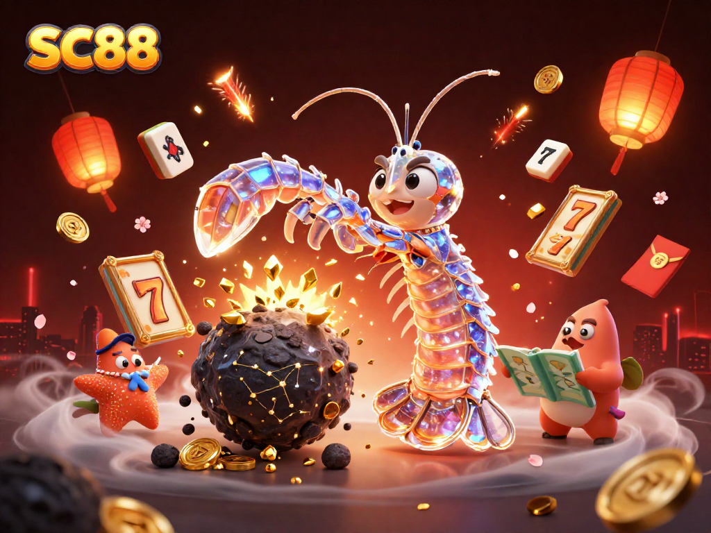 Experience thrilling gaming at SC88 with a dynamic scene filled with slot reels, golden coins, and galactic characters.