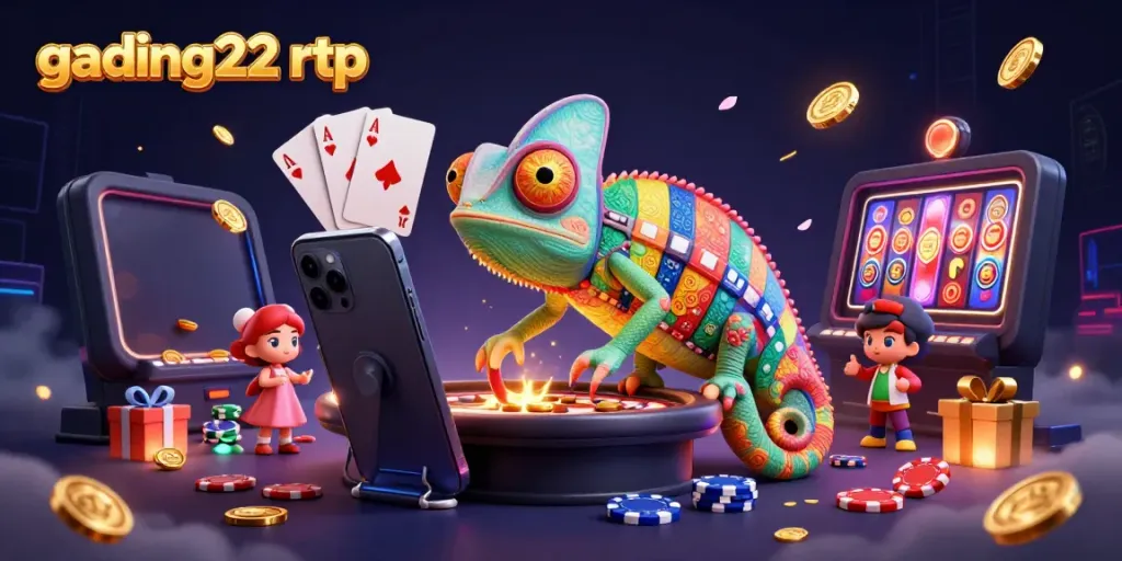 Experience the gading22 rtp magic with a vibrant casino scene featuring a colorful chameleon and dynamic gaming elements.