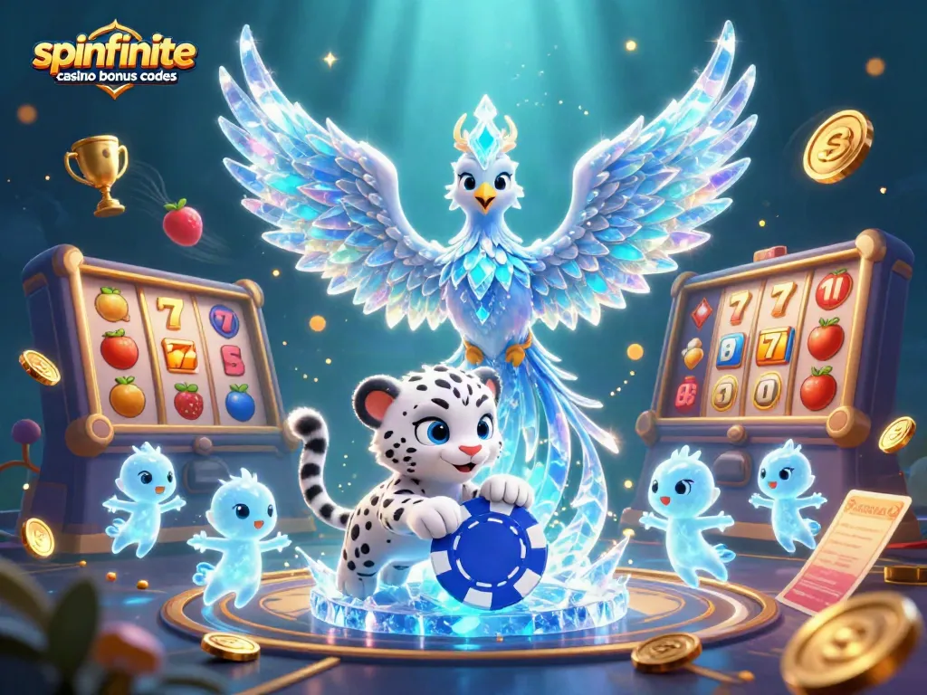 Spinfinite casino bonus codes illustrated with a vivid ice phoenix and slot elements creating engaging casino visuals.
