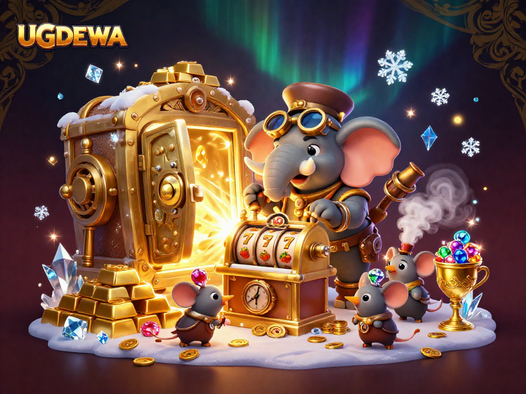 Spin and win at UGDEWA with a golden slot machine surrounded by treasures and lively characters.