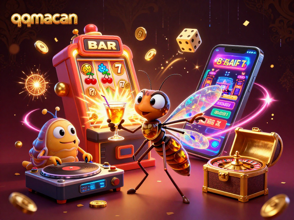 Spin to win with qqmacan at a colorful casino scene featuring dynamic characters and exciting game elements.