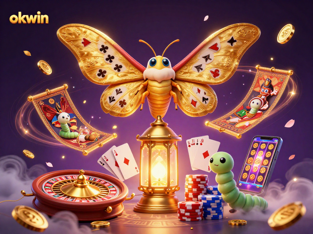 Experience the thrill of okwin with a vibrant illustration of cards, coins, and casino elements.