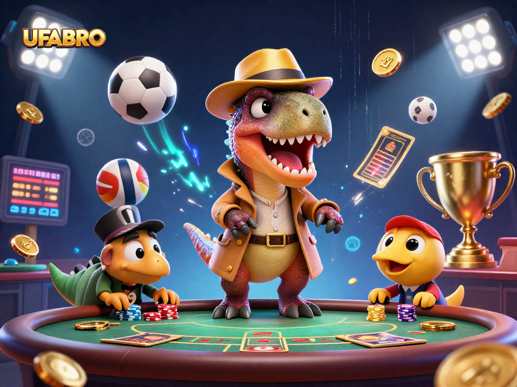UFABRO captivates with a whimsical gambling scene featuring a velociraptor counter at a blackjack table.