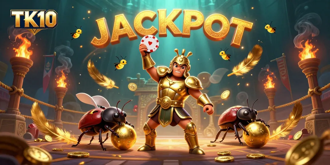 Experience winning with TK10, as the hercules beetle celebrates a jackpot in a vibrant casino arena.