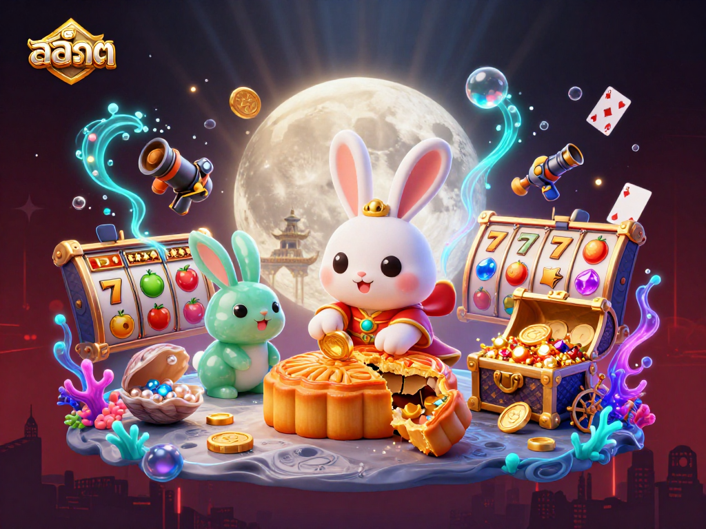 Experience exciting สล็อต gameplay with a moon rabbit and treasures in this vibrant casino scene.