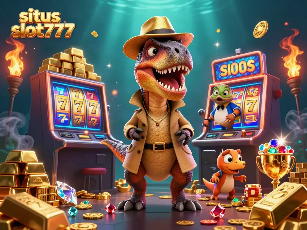 Permainan situs slot777 dengan dinosaus 3D dan slot mesin berwarna cerah.