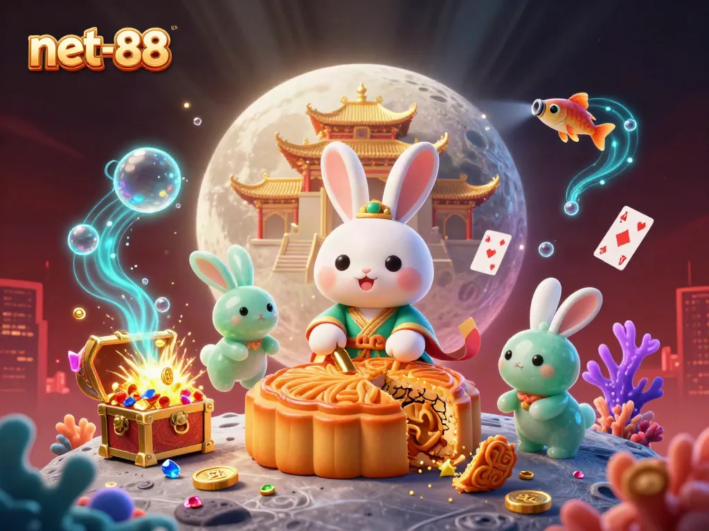 Experience the thrilling world of net-88 with a 3D illustration of a moon rabbit crafting golden mooncakes that reveal poker chips, surrounded by vibrant casino elements.