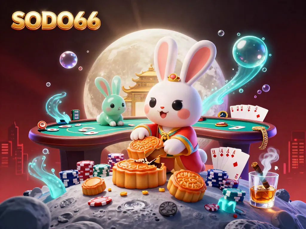 SODO66 captivates players with a vibrant casino scene featuring lively moon rabbits and poker elements.