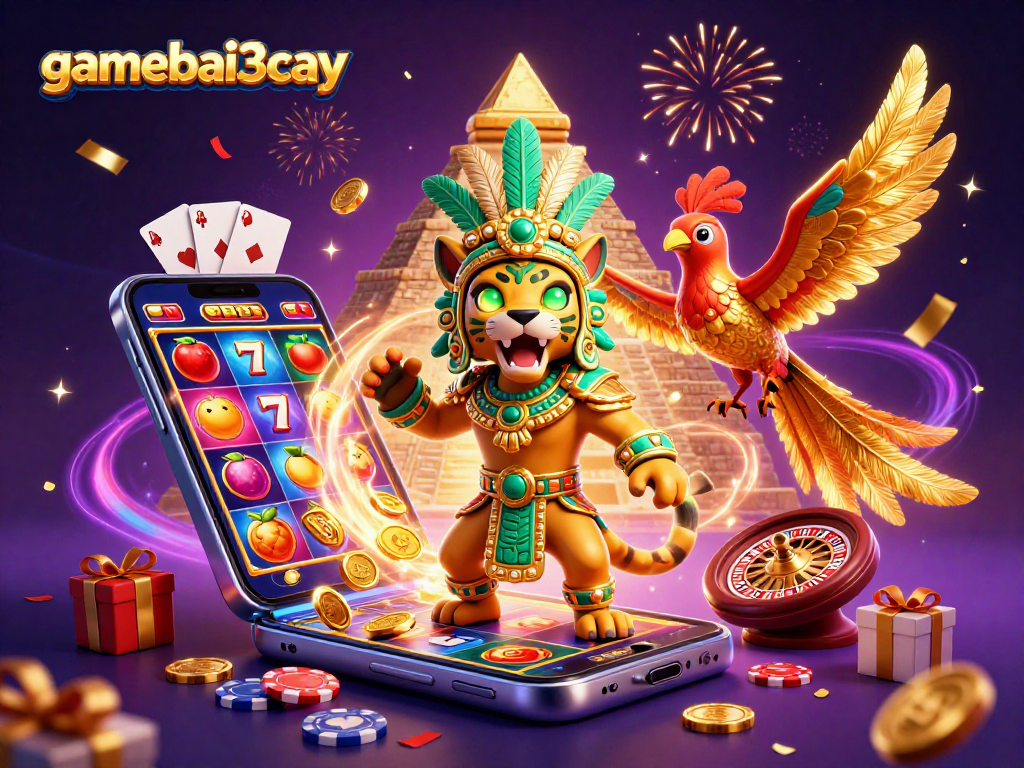 Engage in thrilling gameplay at gamebai3cay with 3D Mayan casino characters amidst a vibrant slot scene.