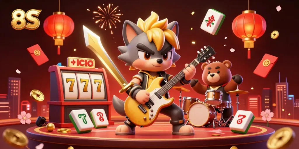 Experience the thrill of winning big with 8S at the electrifying casino scene featuring rock star wolf.