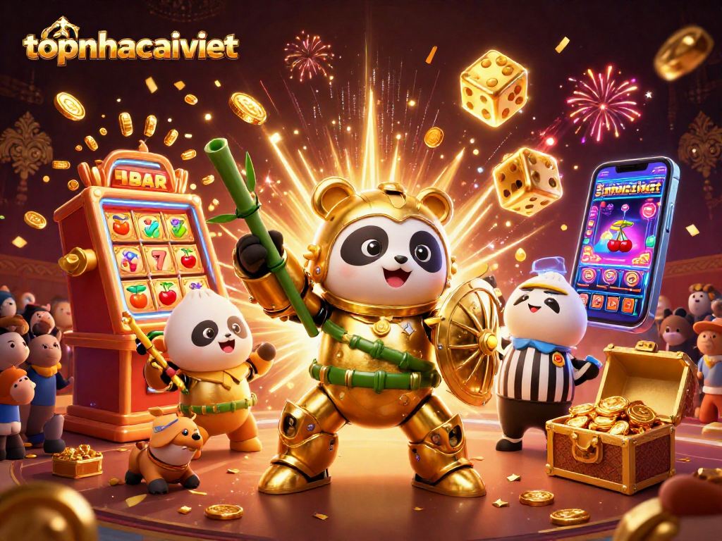 Experience thrilling gameplay at topnhacaiviet with a vibrant casino scene featuring a panda in a mech suit.