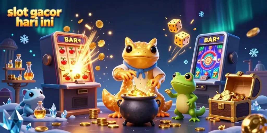 Gambarkan momen slot gacor hari ini dengan salamander alkimia, kuali emas, dan mesin slot meledak di latar belakang.