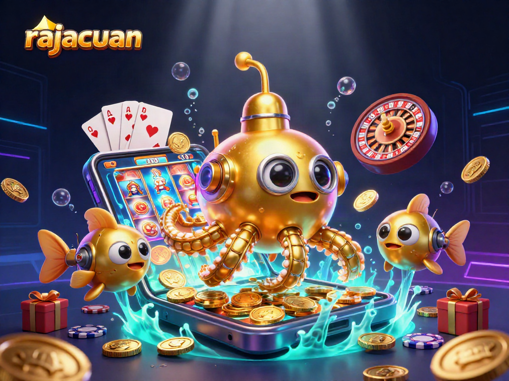 rajacuan slots come alive with a golden kraken submarine and mechanical fish in a vibrant casino scene