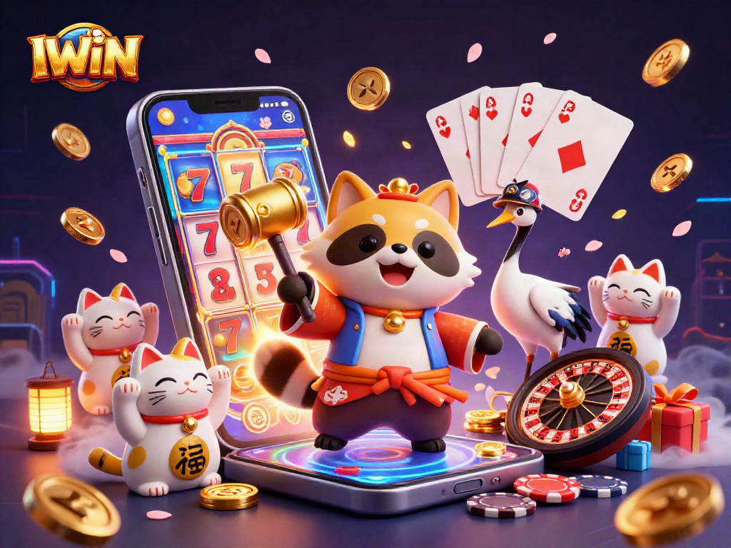 IWIN showcases a cheerful tanuki, lucky symbols, and casino elements for an engaging gaming experience.