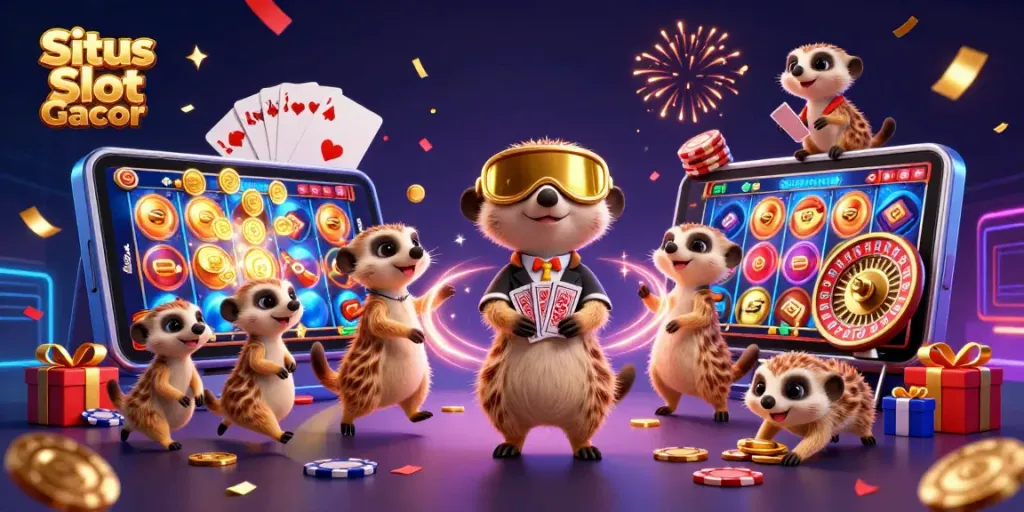 Situs Slot Gacor memimpin aksi kasino dengan koloni meerkat dalam ilustrasi 3D ceria dan penuh warna.