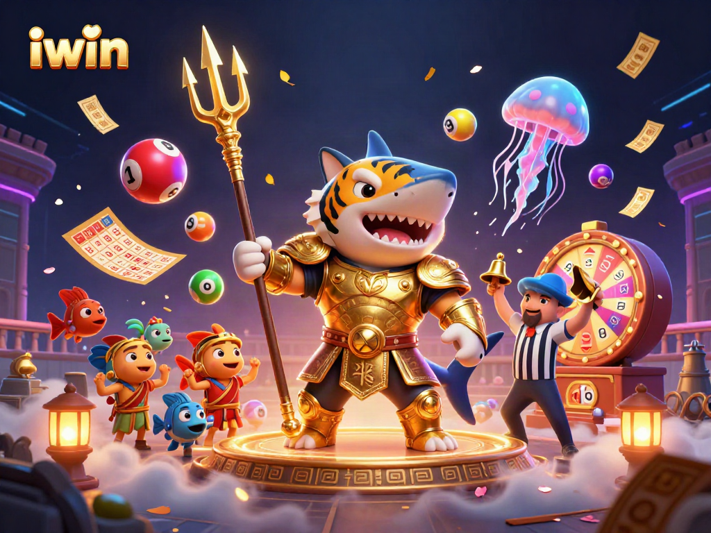 iwin showcases an underwater casino scene with a tiger shark in gladiator armor, vibrant game elements abound.