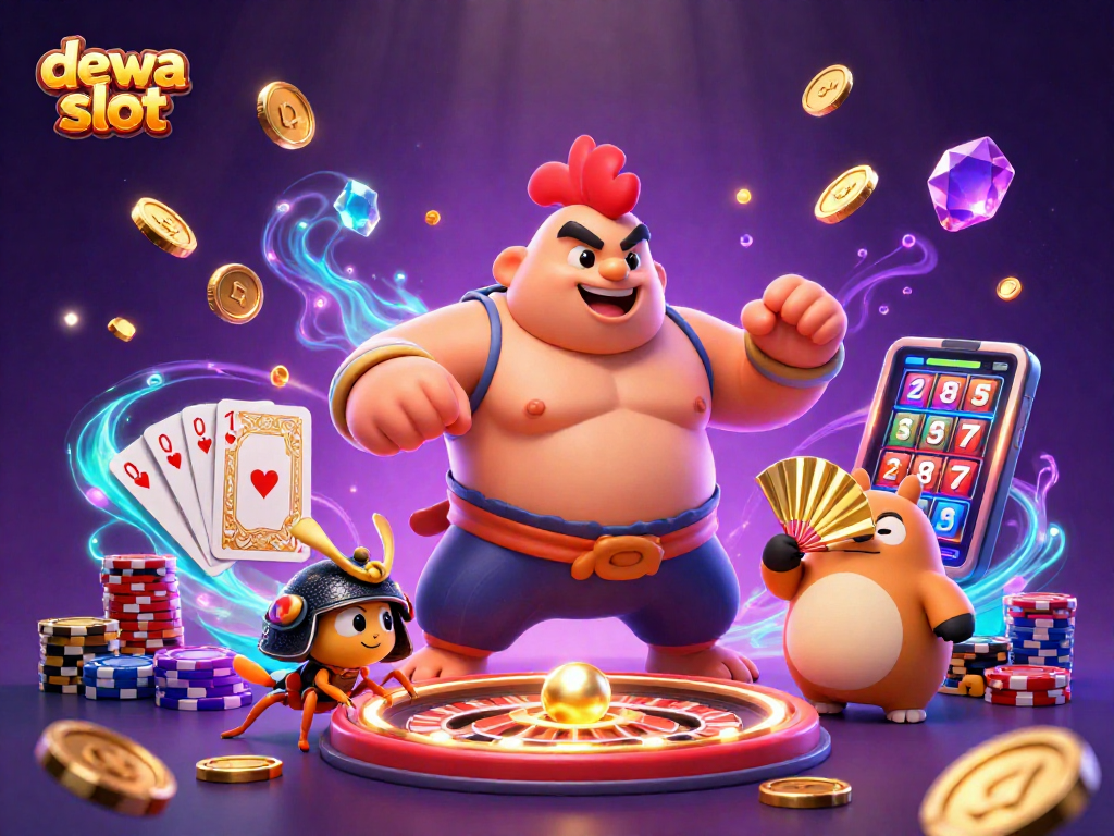 Experience the excitement of dewa slot as a powerful sumo wrestler rooster stomps amidst dazzling casino treasures.