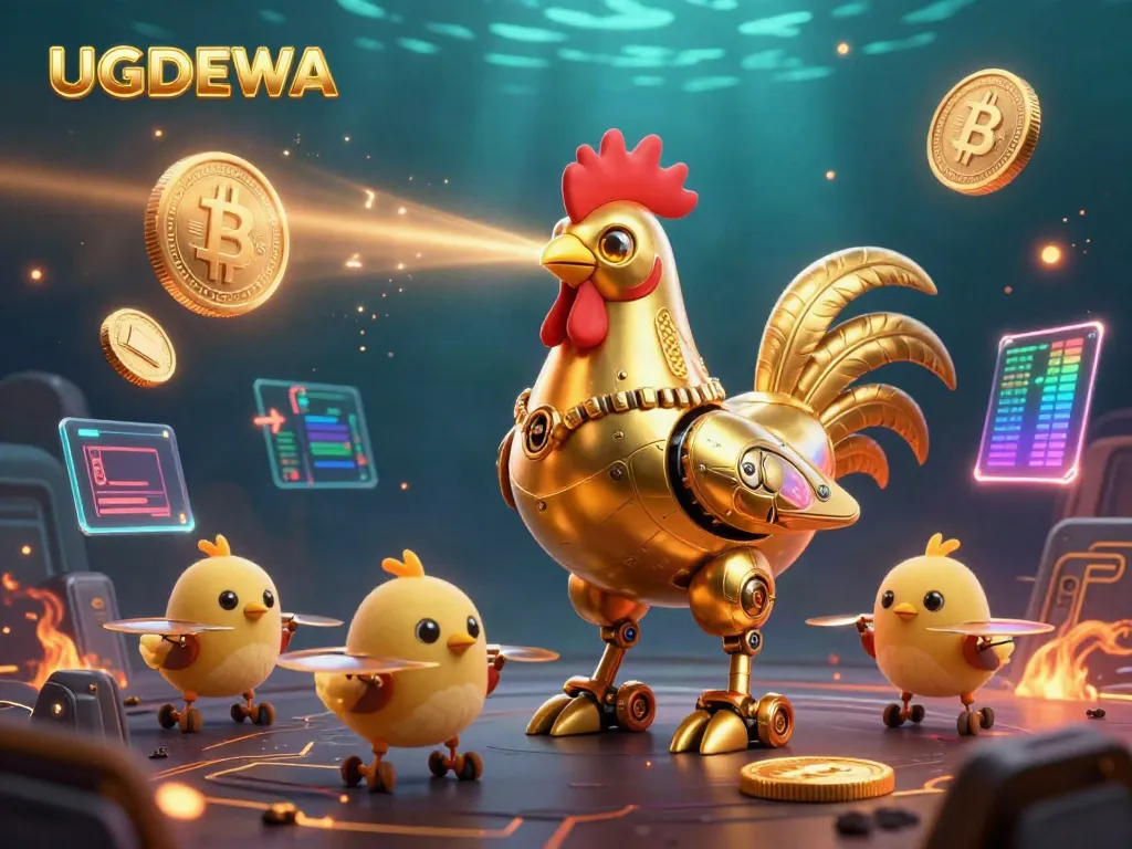 Engage with the exciting world of UGDEWA through a golden rooster robot and baby chick drones amid vibrant crypto elements.