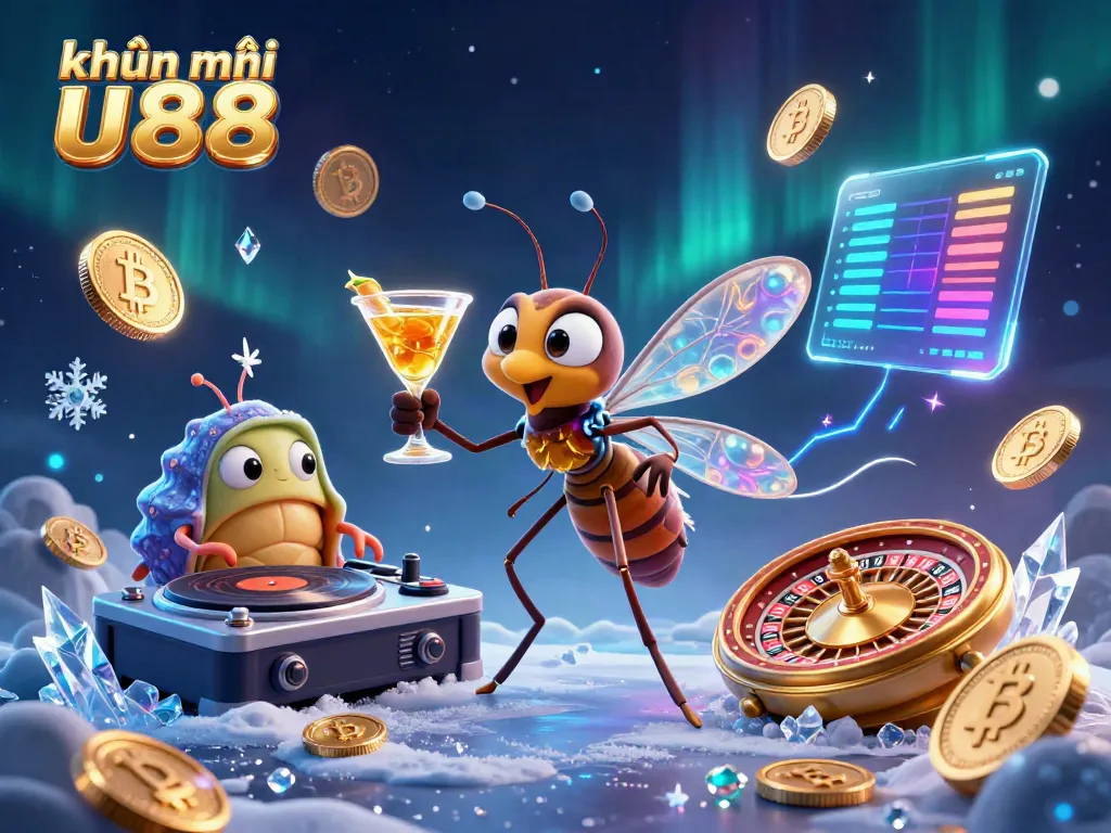 Experience khuyến mãi uu88 with a vibrant scene of a casino mascot, trilobite DJ, and golden roulette wheel.
