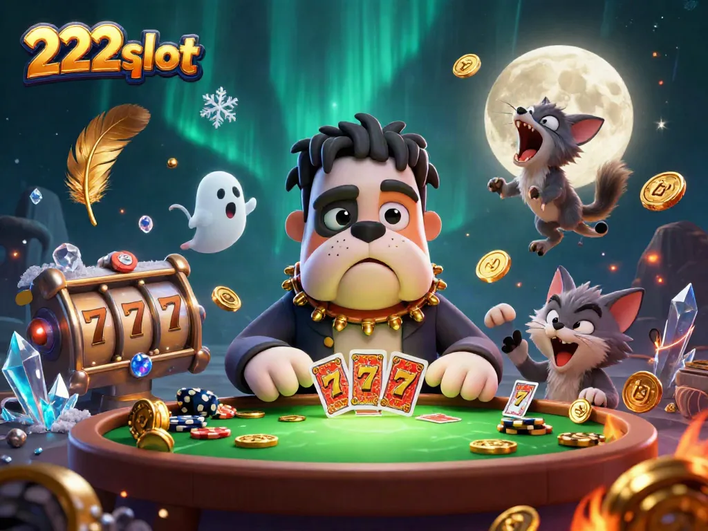 Bermain judi slot di 222slot dengan bulldog Frankenstein dan kucing werewolf yang menyeramkan.