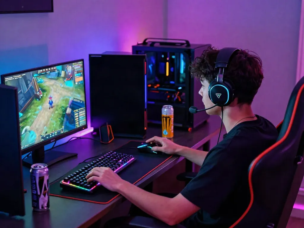 Pengalaman bermain di hokkaidoryoma.com dengan headset dan monitor gaming yang modern.
