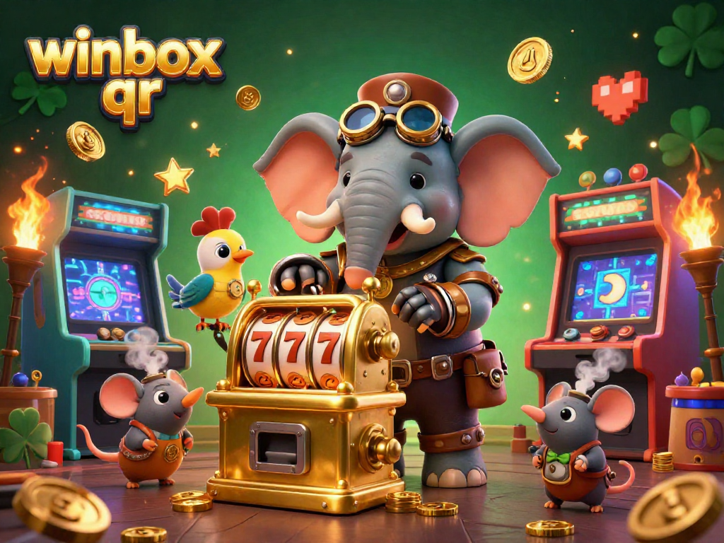 Winbox QR showcases an exciting steampunk-themed casino scene with a golden slot machine and lively characters.