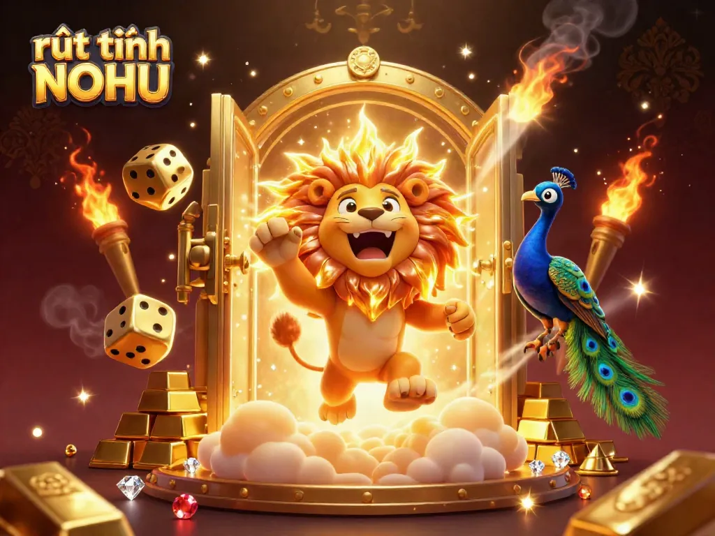 Experience rút tiền NOHU through a lavish 3D casino scene featuring a roaring lion surrounded by treasures and golden dice.