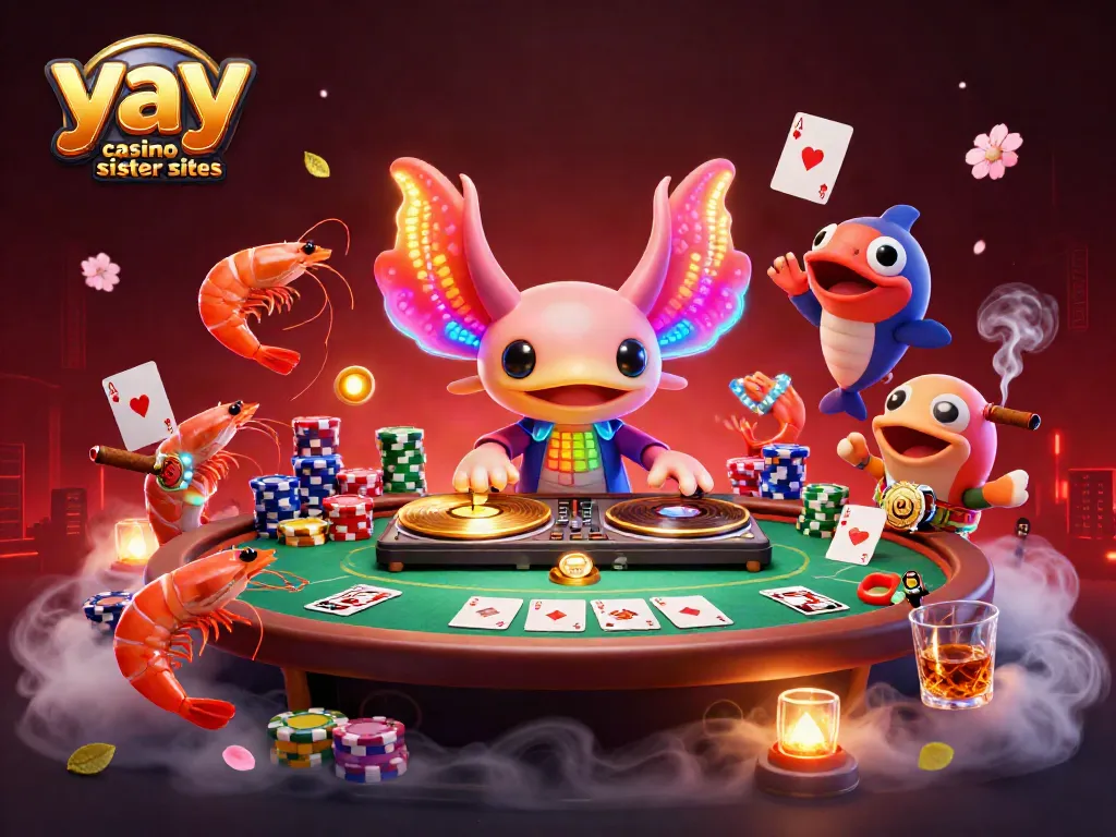 Experience the excitement of yay casino sister sites with this vibrant 3D illustration showcasing a neon axolotl DJ and gaming elements.